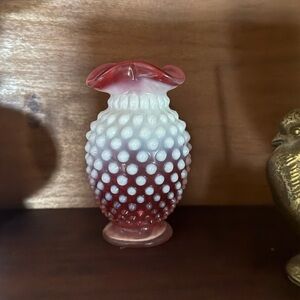 Fenton Red and White Hobnail Vase